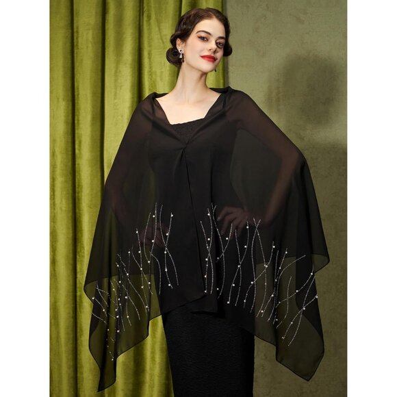 Women Black Sequin Chiffon Shawls and Wraps Formal Rhinestone for Evening Dress - Picture 5 of 6